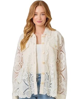 425. POL Women’s Cream Lace Crochet Jacket - Lightweight Button Front